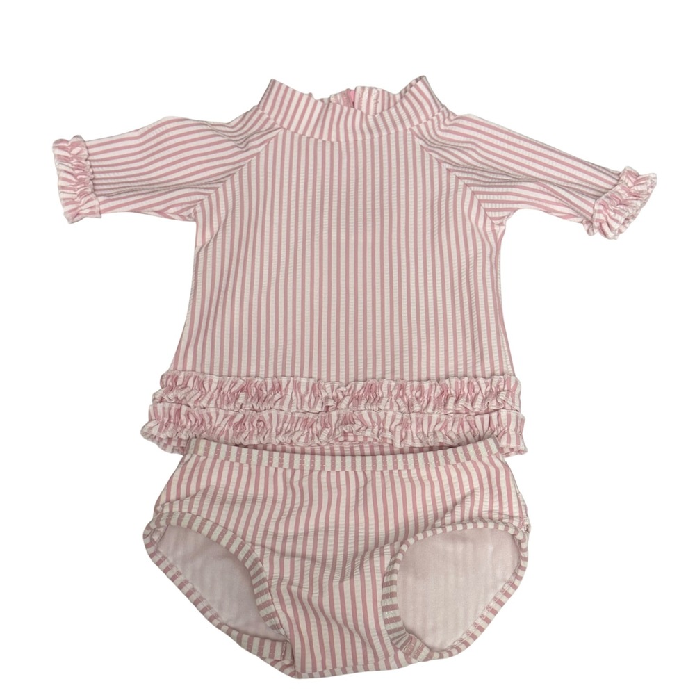 RuffleButts Baby Girls Pink Seersucker Striped Rash Guard Swimsuit Set 6-12M